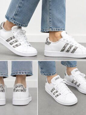 Adidas GRAND COURT SE White Gray Snake Print Sneakers Women Sz 8.5 Basic Neutral